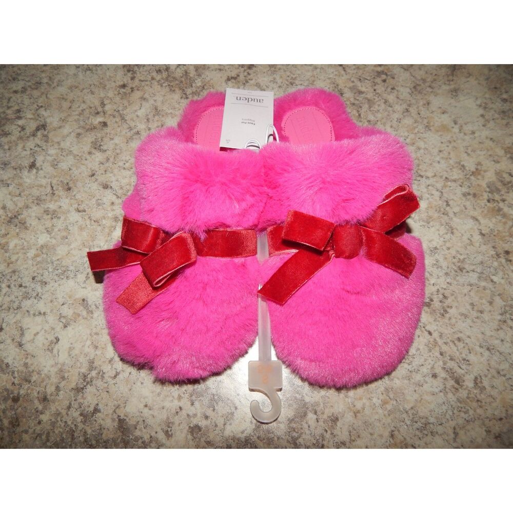 Auden Arbor Women's Small 5/6 Pink Faux Fur Slippers Red Velvet Bow NWT